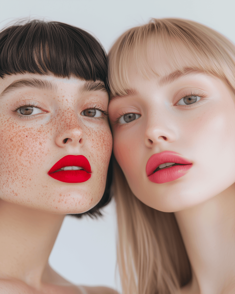 Close beauty portrait of two women with freckles and bold red lipstick in soft natural light.