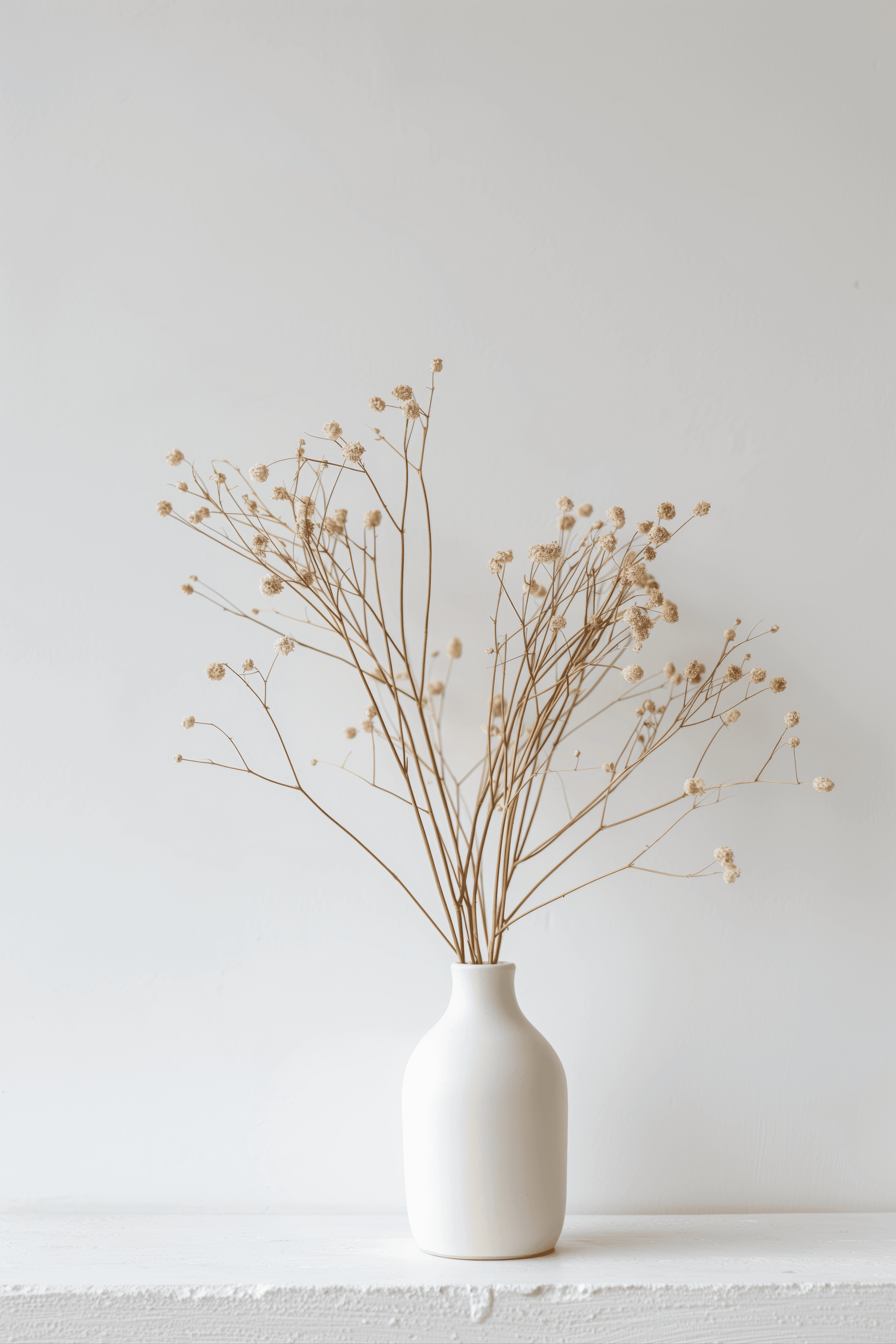 Minimal ceramic vase with dried baby’s-breath stems on a white shelf—clean, neutral home décor.