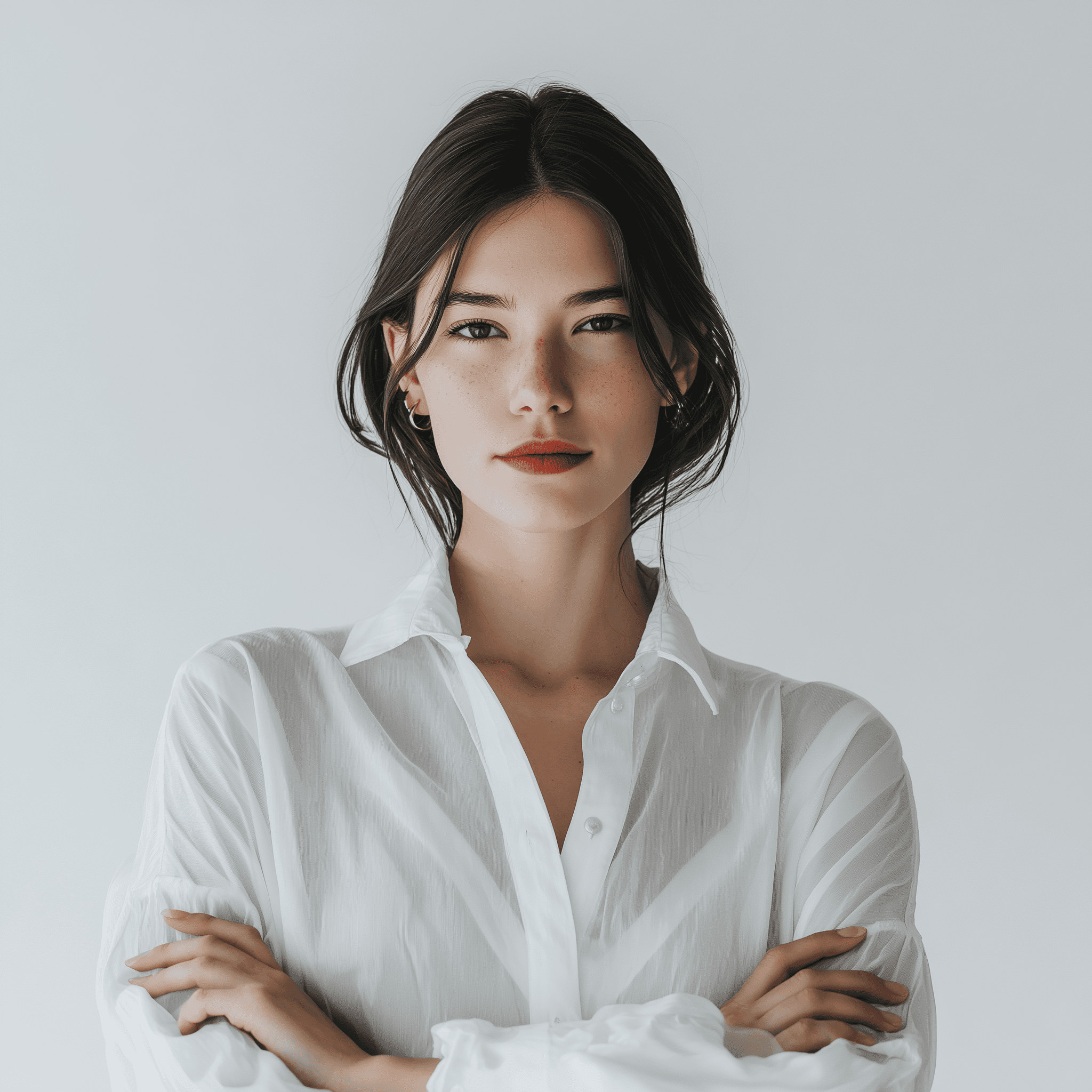Minimal studio portrait of a confident woman in a white shirt, arms crossed, on a soft gray background.