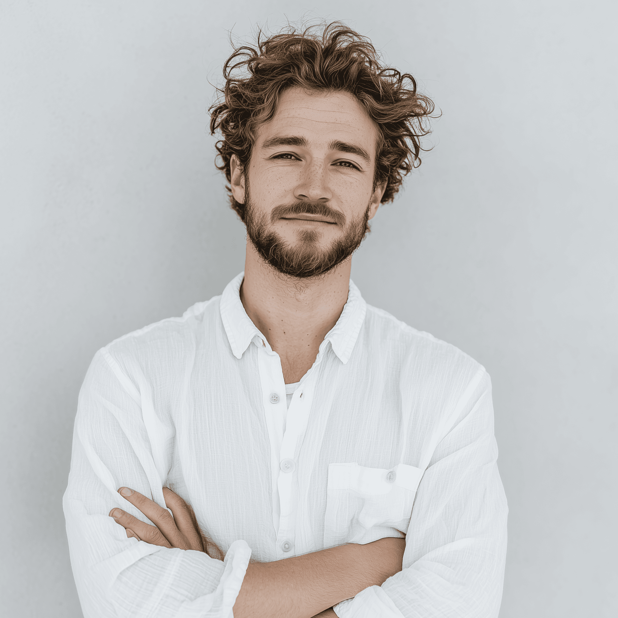 Casual studio portrait of a bearded man with curly hair in a white shirt, arms crossed, on a light gray background.