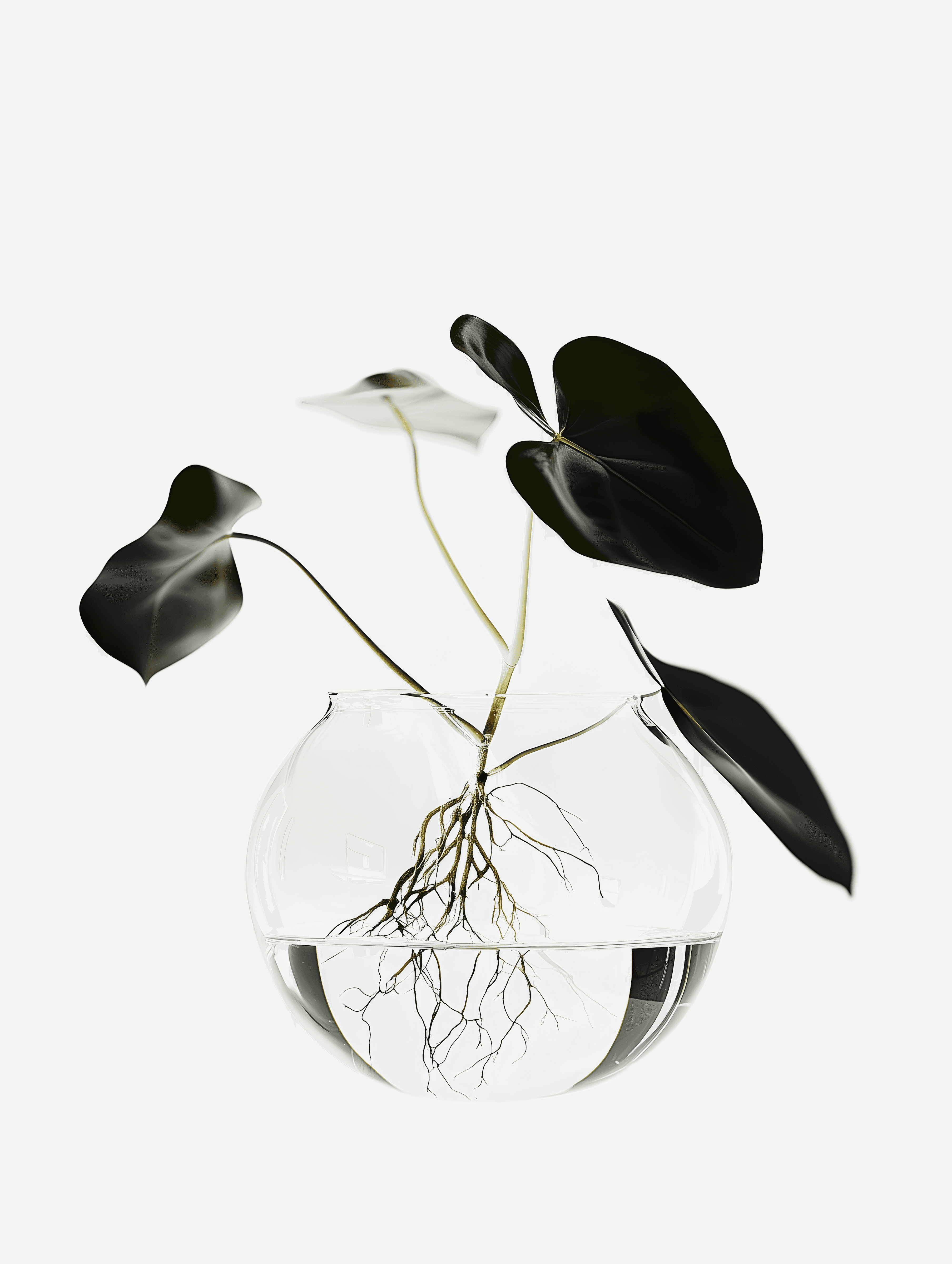 Minimal plant cutting with exposed roots in a clear glass bowl vase filled with water on a white background.