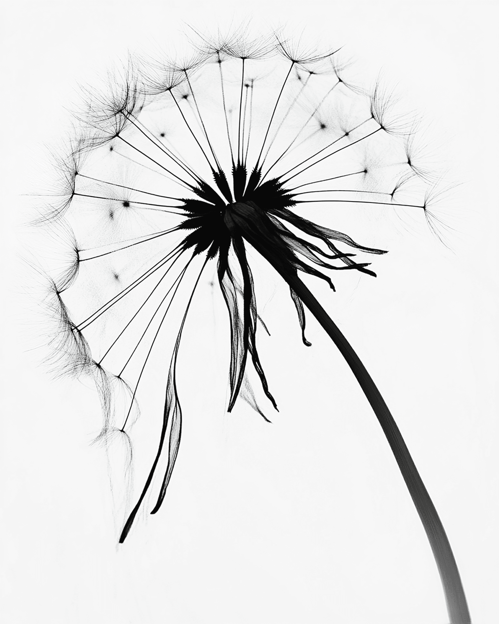Black-and-white macro of a dandelion seed head on white—delicate botanical detail.