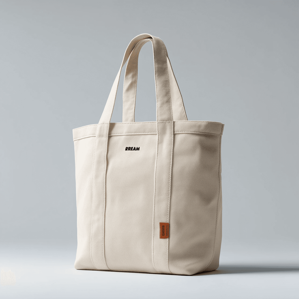Minimal beige canvas tote bag with sturdy handles and a small leather tag on a light gray studio background.