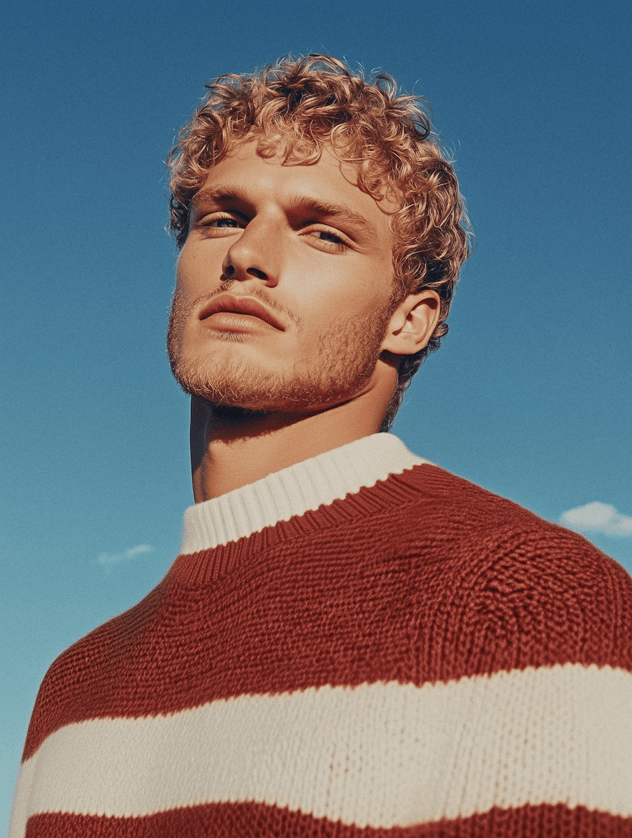 Portrait of a curly-haired man in a rust-and-white striped knit sweater under a clear blue sky—modern fashion look.