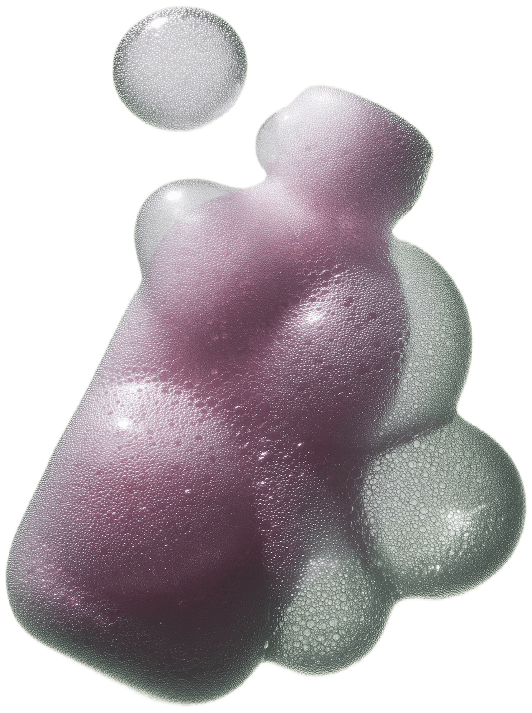 Macro of iridescent purple soap bubbles—dewy, textured beauty-foam cluster on a transparent background.
