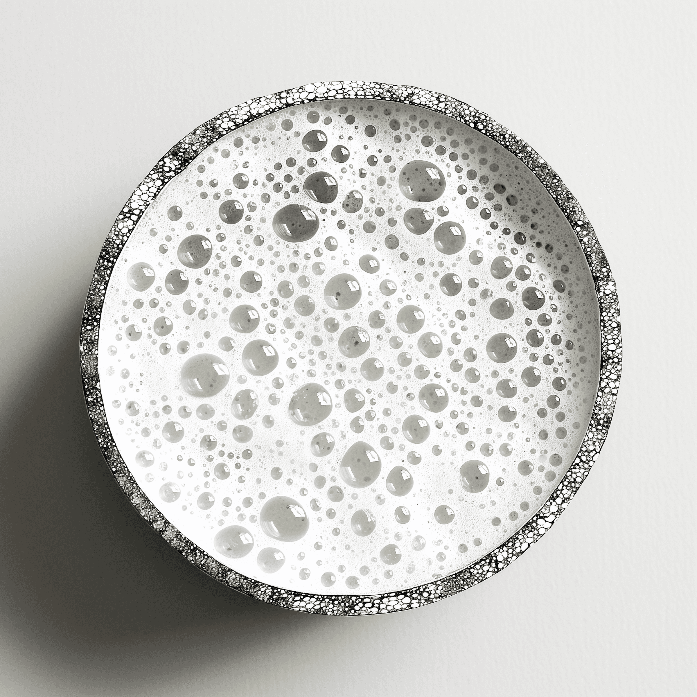 Top-down view of a bowl of white foaming cleanser with airy bubbles on a minimal surface.