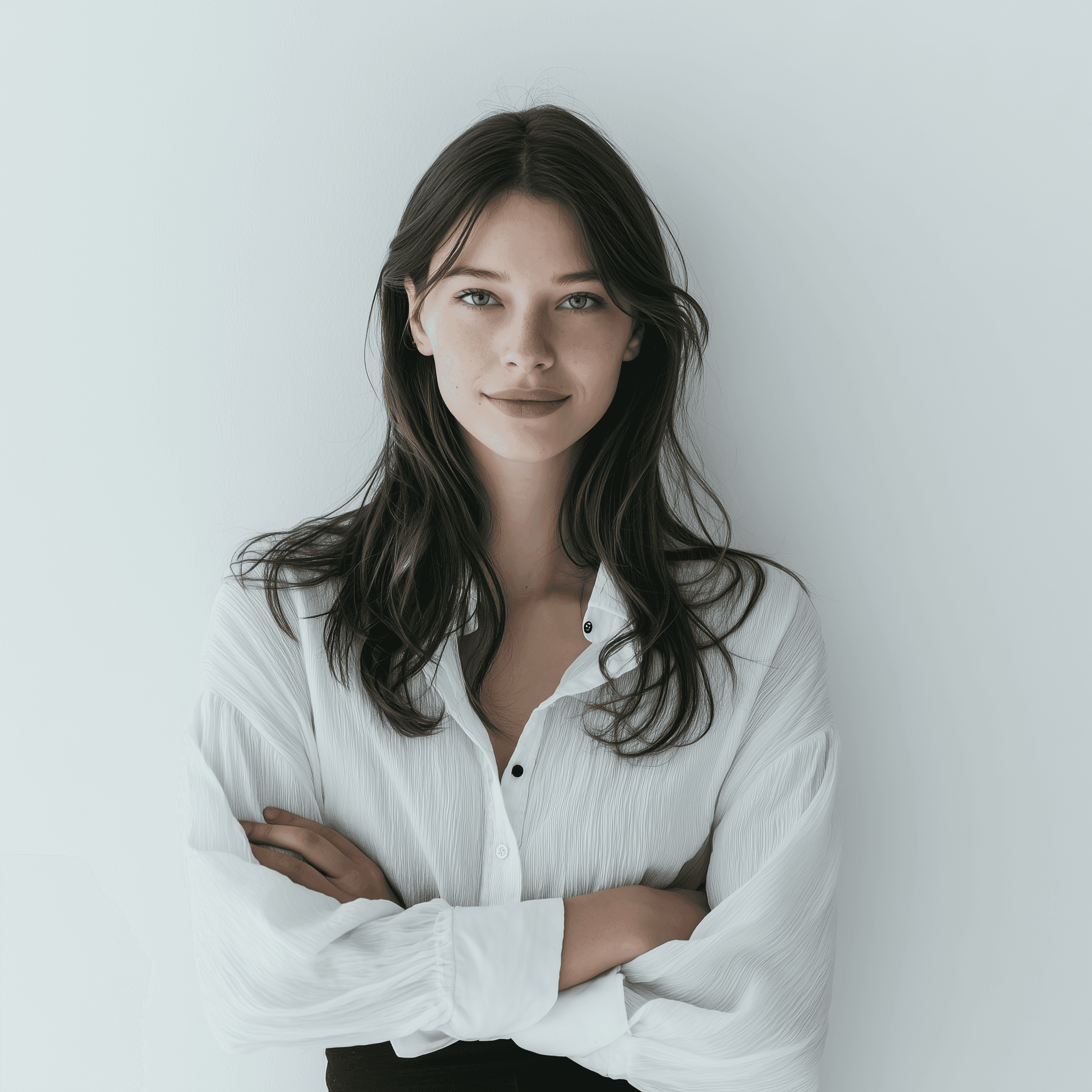 Professional headshot of a brunette woman in a white shirt, arms crossed, on a clean minimal background.