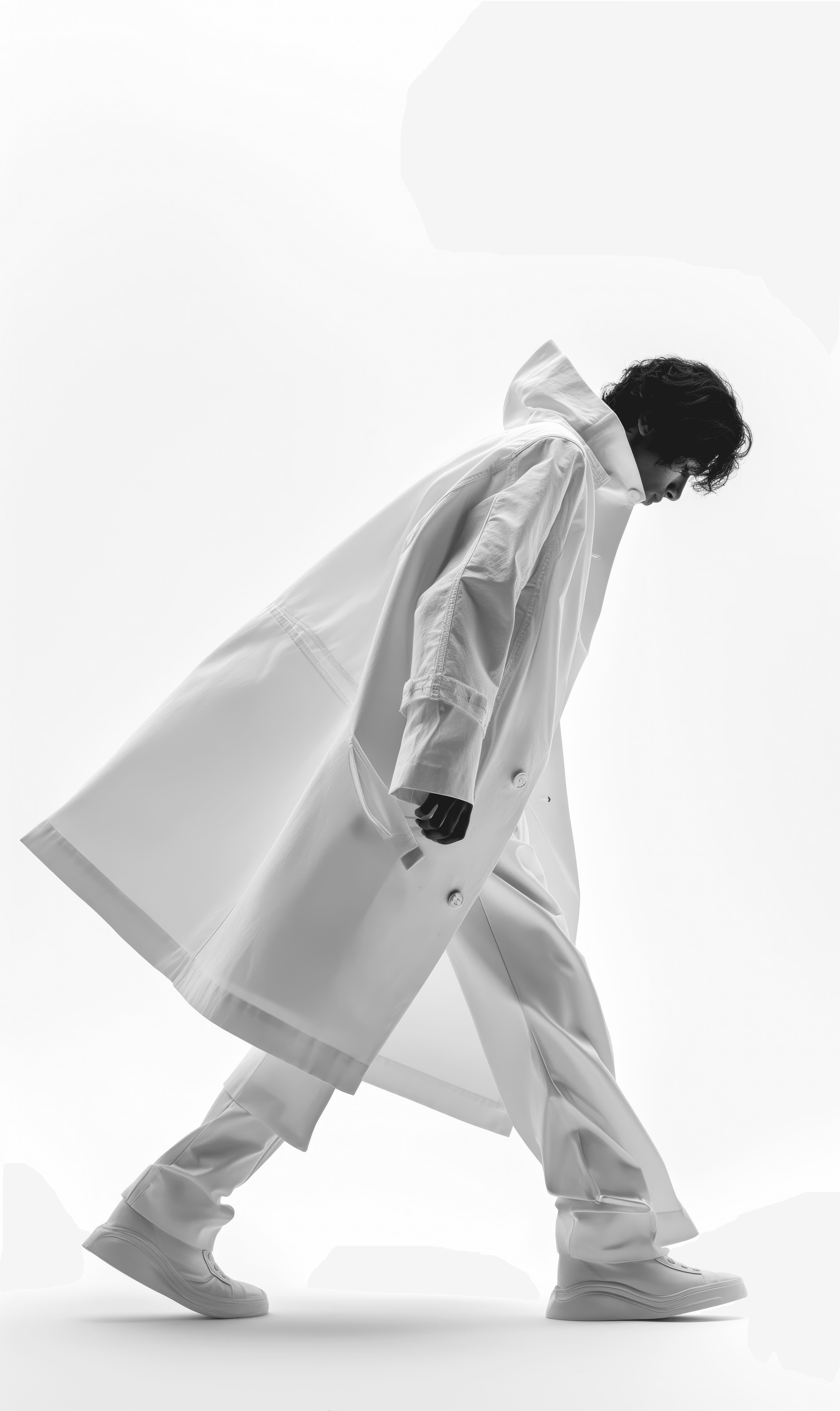 Monochrome fashion editorial of a model in an oversized white trench coat walking in profile on a high-key background.