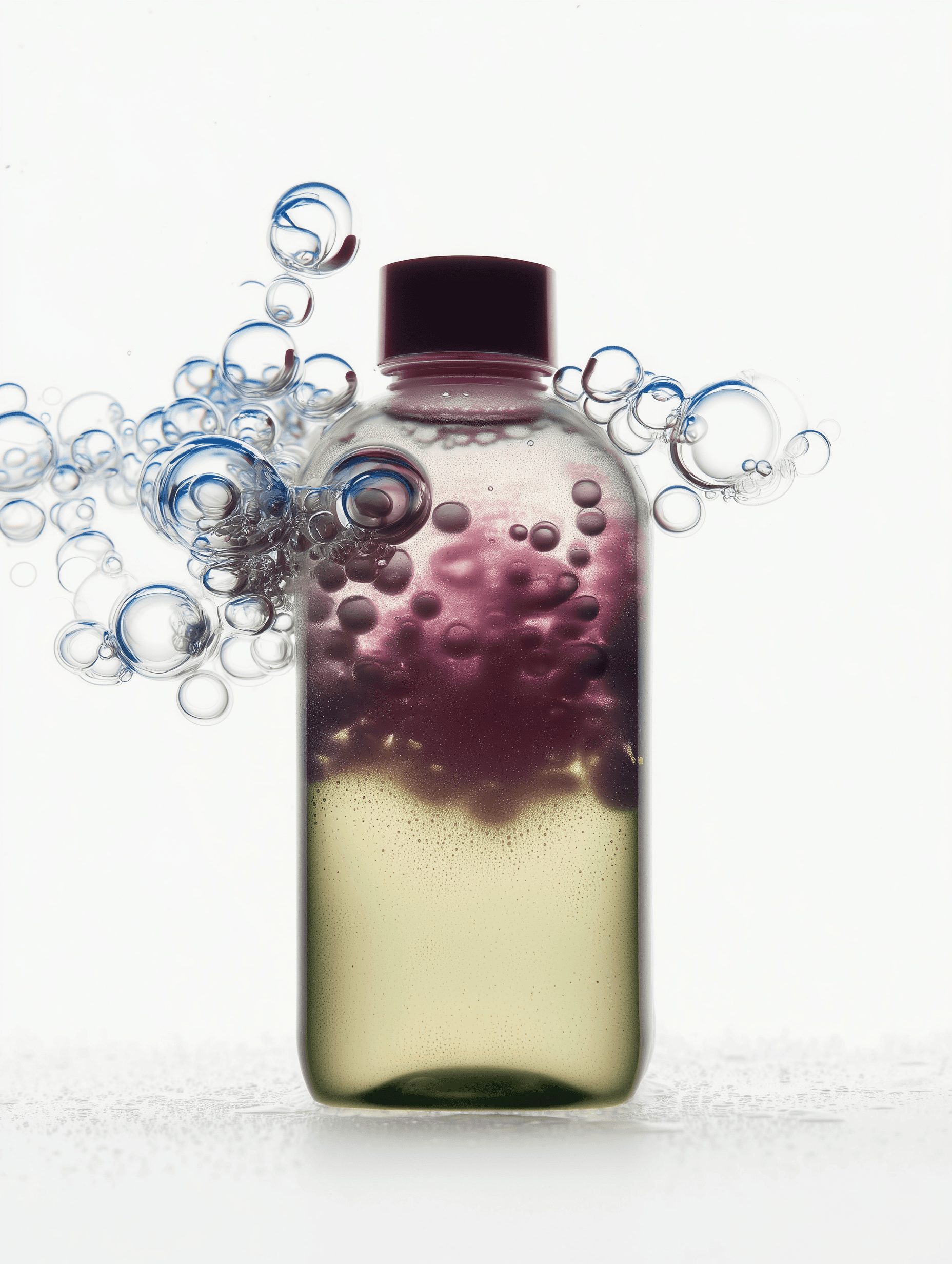 Clear skincare bottle with pink cap, bi-phase serum and floating bubbles on a white backlit background.