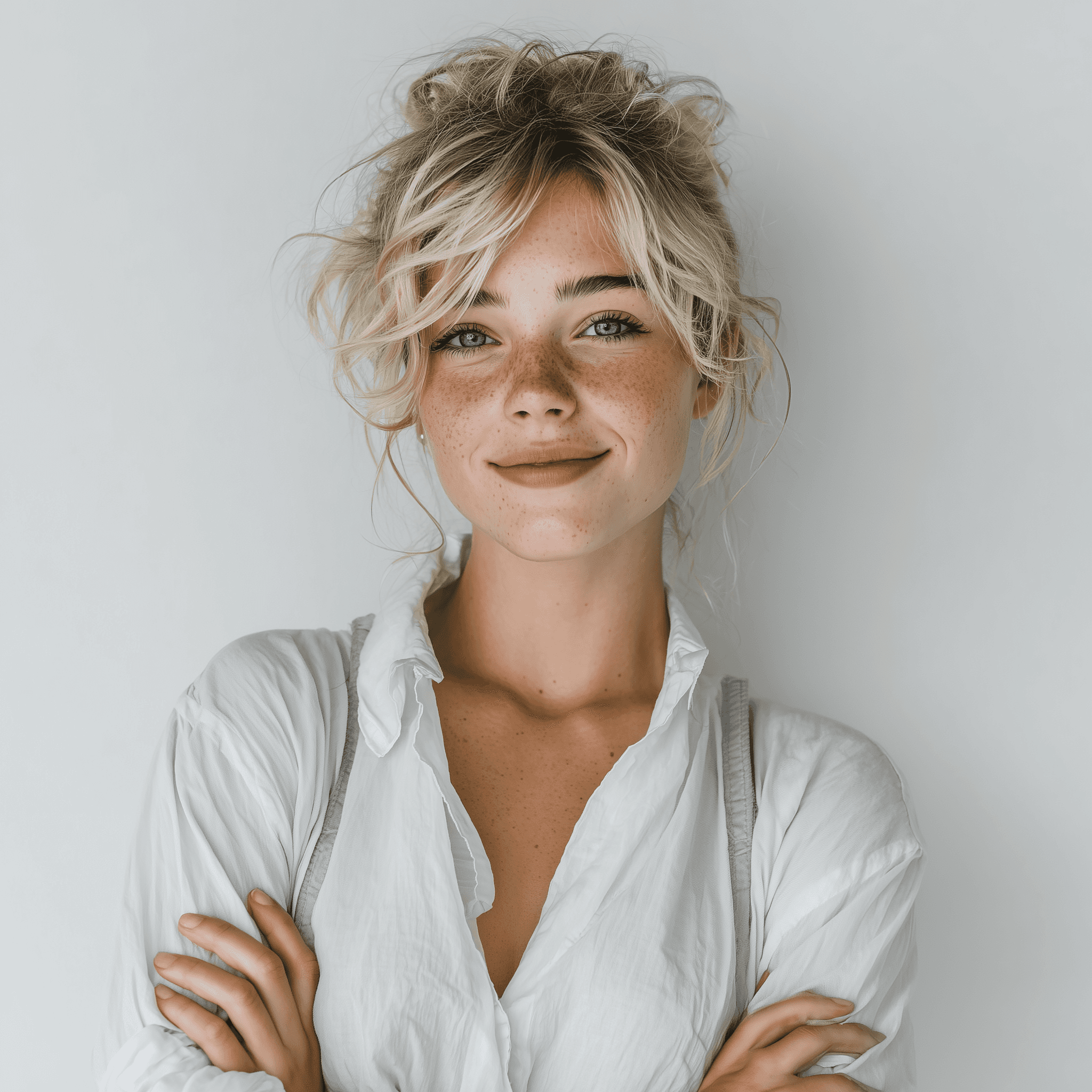 Smiling blonde woman with freckles in a white shirt, arms crossed, minimalist studio portrait.