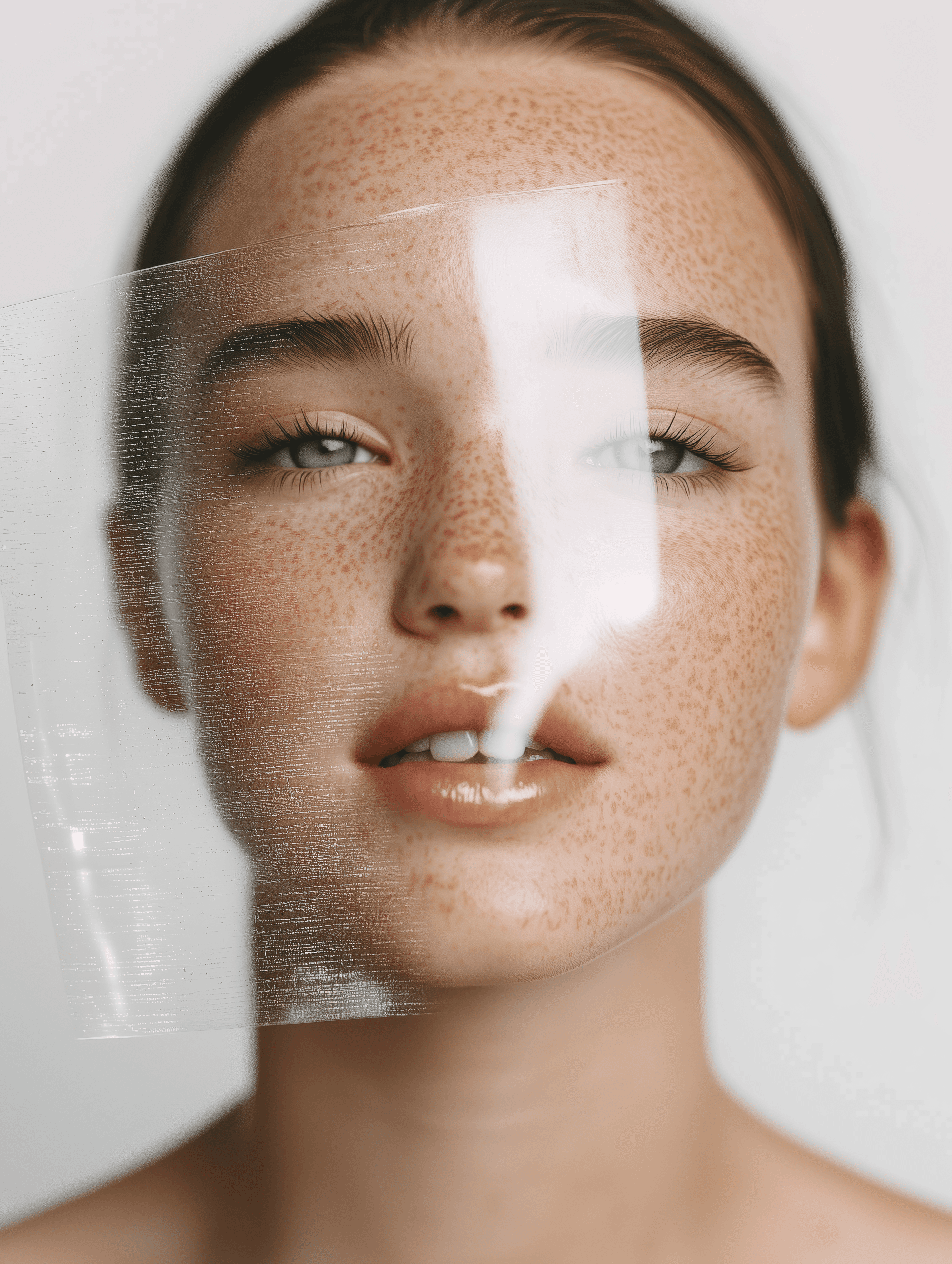 Close-up of a freckled woman behind a translucent film strip—soft, dewy skin, minimal beauty editorial on white.